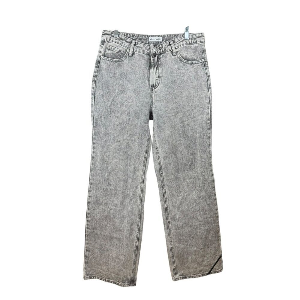 Ashley Mason Grey Acid Wash Wide Leg Jeans Size 27 Pink Bow Embroidered Coquette
